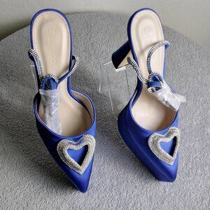 💎 Coutgo Royal Blue Rhinestone Heart Heels Size 8 Ankle Strap Dress Pumps point